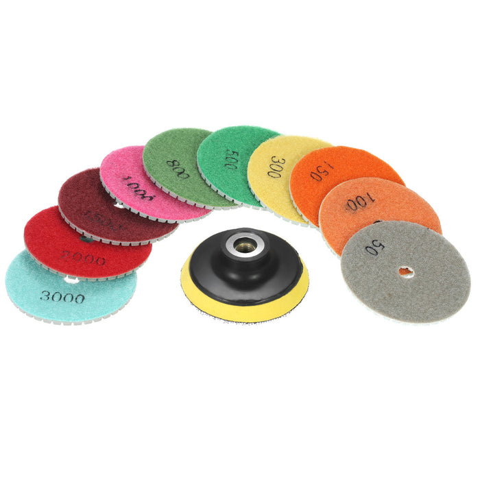 10pcs 3" Diamond Flexible Wet Polishing Pads Grinding Disc + 1pc Backing Pad for Granite Marble Stone Ceramic Tile Concrete