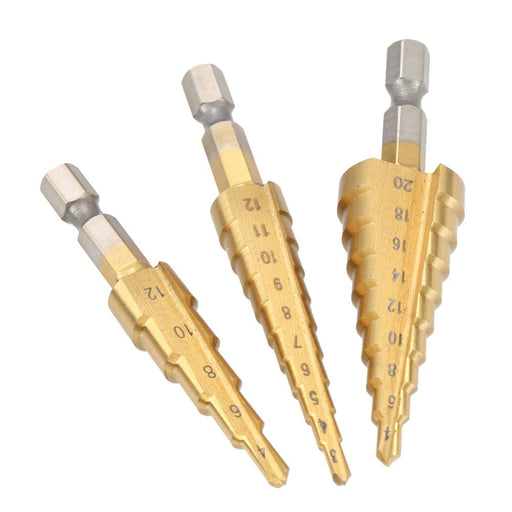 3 Pcs/set HSS Titanium Coated Straight Flute Step Drill Bits Essential Hardware Tool Pagoda Drill Bit Set 3-12mm 4-12mm 4-20mm - Dynagem 