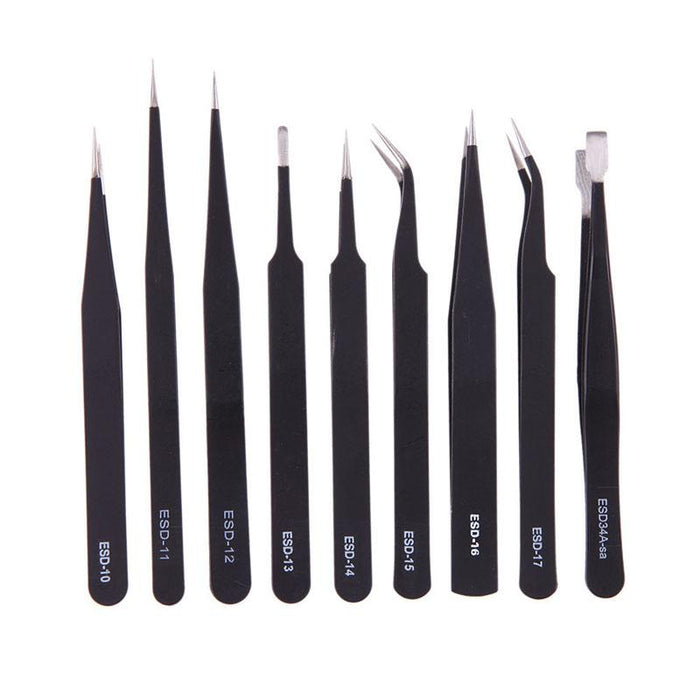 9pcs  Anti-static Stainless Steel Tweezers - Dynagem 