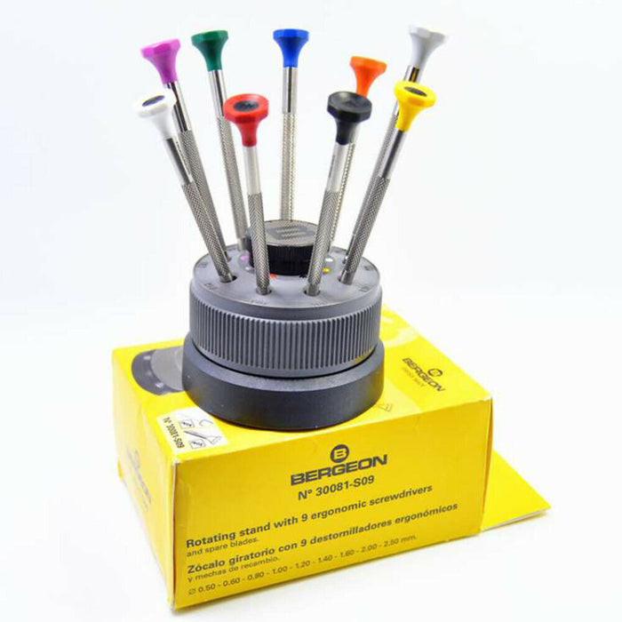 Bergeon Stainless Steel 9 Piece Ø67mm Screwdrivers with Revolving Stand